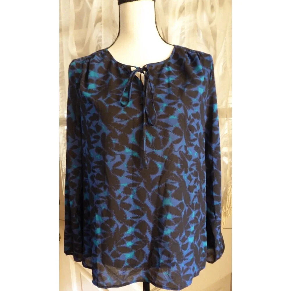 NWT J Crew Women Sheer Blouse Floral Blue Black Long sleeve Relax Fit